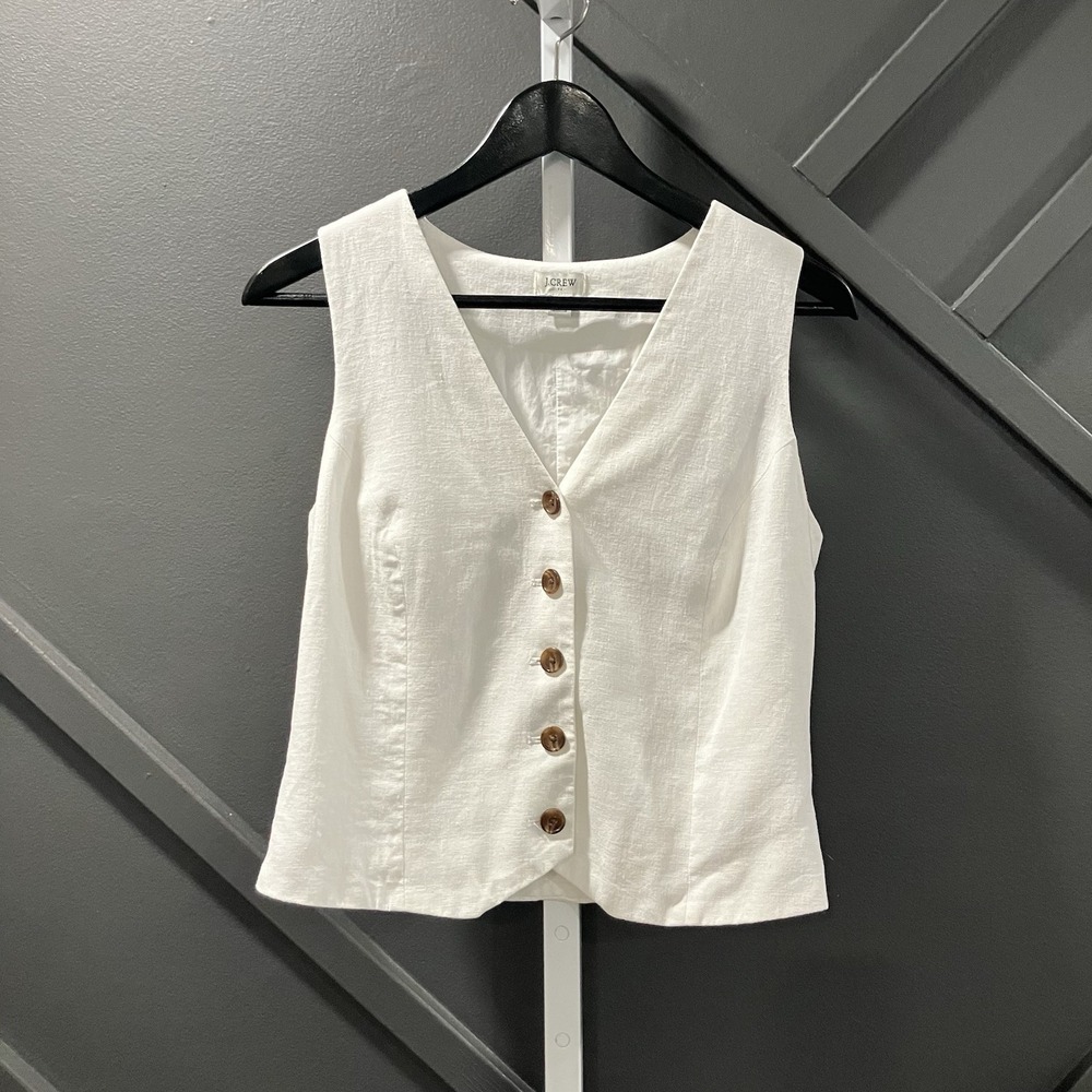 J.Crew Women's Size 4 White Linen Blend Button Front Vest Sleeveless Top